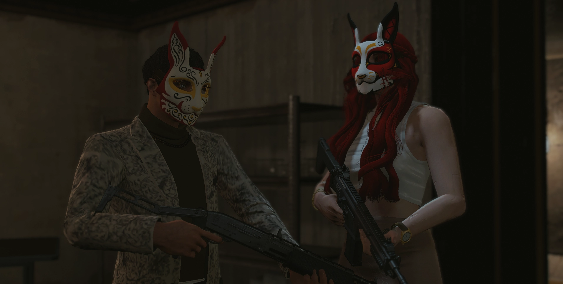 Two masked people with rifles